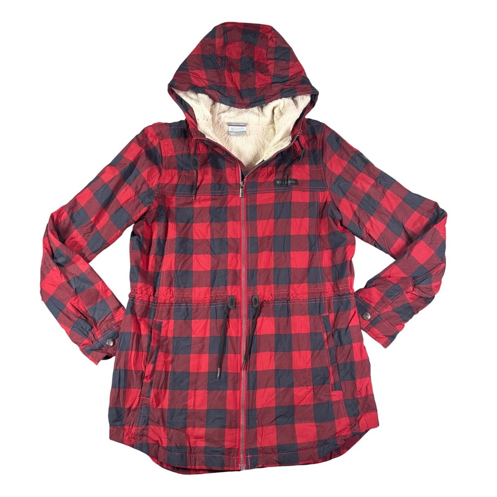 Columbia Womens Red Buffalo Plaid Sherpa Lined Hooded Full Zip Jacket Size M